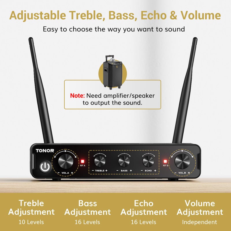 TONOR TONOR Wireless Microphone Systems, UHF Cordless Karaoke Microphones, Handheld Dynamic Mic Microfono Kit with Receiver for Karaoke, Singing, Church, Adjustable Frequencies, 200ft Range TW350 Black  - Image 3