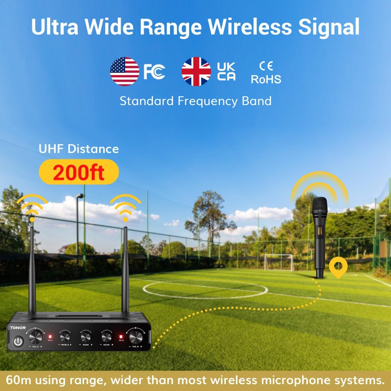 TONOR TONOR Wireless Microphone Systems, UHF Cordless Karaoke Microphones, Handheld Dynamic Mic Microfono Kit with Receiver for Karaoke, Singing, Church, Adjustable Frequencies, 200ft Range TW350 Black  - Image 2