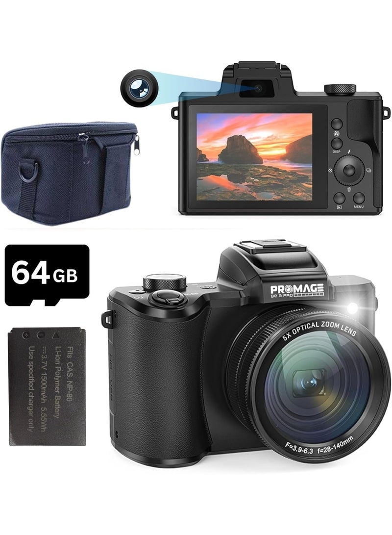 PROMAGE PROMAGE PC300 64MP 5K Ultra HD+ Digital Camera – Dual SONY Sensors, 5x Optical Zoom, 3.2″ Display, External Mic & HDMI Support - Image 1