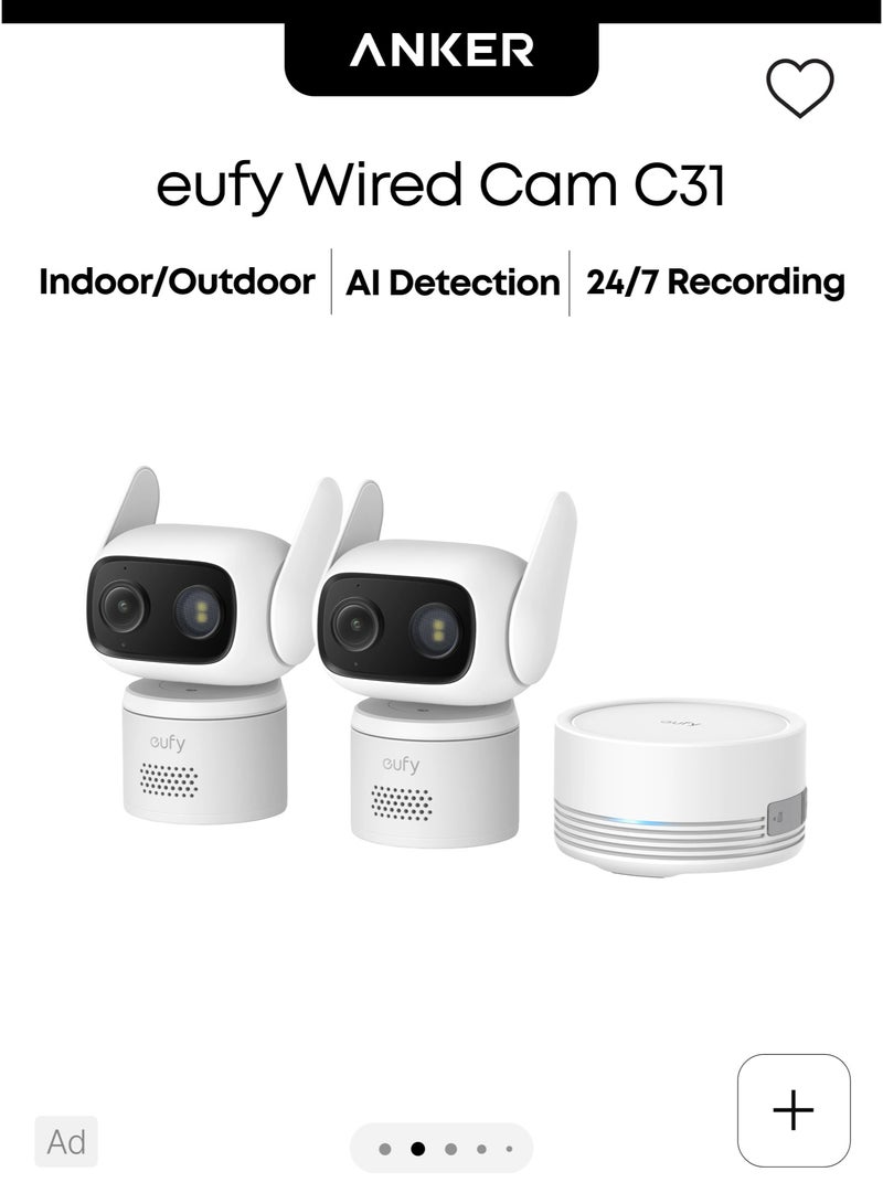 eufy Wired Cam C31 2-Cam Kit, Pan & Tilt Surveillance, Indoor & Outdoor, Dual Antenna, Color Night Vision, Local Storage, No Monthly Fee, AI Human/Vehicle/Pet/Cry Detection, 24/7 Continuous Recording - Image 1