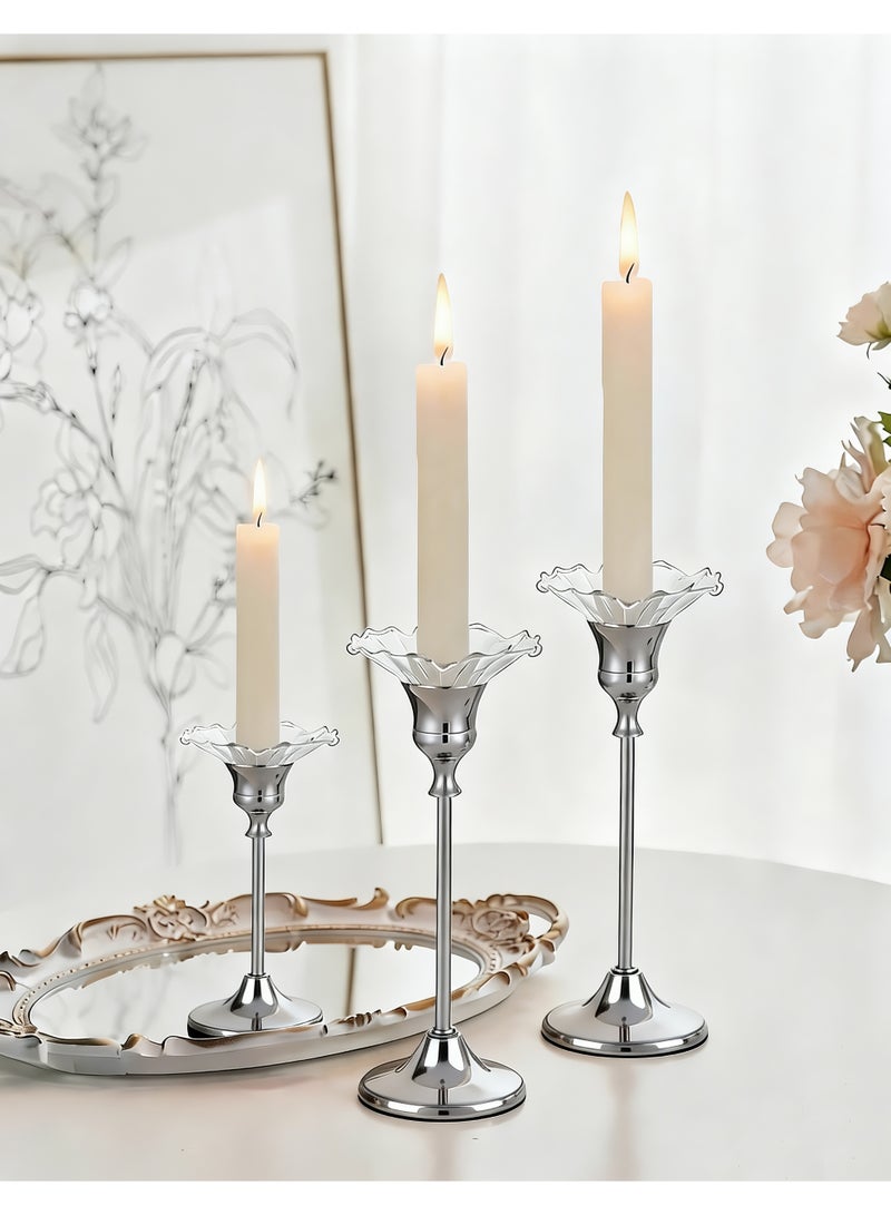 HomeNoor Elegant Premium Silver Candlestick Holders with Petal-Shaped Glass Wax Catchers, Set of 3 in Assorted Sizes, Anti-Drip Candle Stands for Table Centerpieces, Home Decor, Weddings, Parties and Festival Celebrations - Image 1