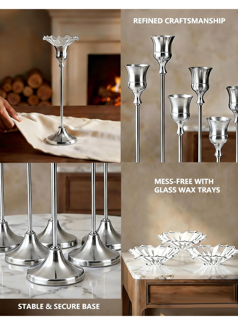 HomeNoor Elegant Premium Silver Candlestick Holders with Petal-Shaped Glass Wax Catchers, Set of 3 in Assorted Sizes, Anti-Drip Candle Stands for Table Centerpieces, Home Decor, Weddings, Parties and Festival Celebrations - Image 4