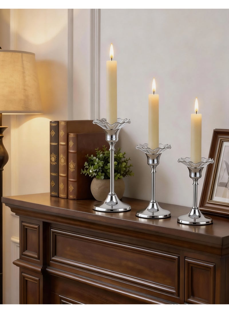 HomeNoor Elegant Premium Silver Candlestick Holders with Petal-Shaped Glass Wax Catchers, Set of 3 in Assorted Sizes, Anti-Drip Candle Stands for Table Centerpieces, Home Decor, Weddings, Parties and Festival Celebrations - Image 5
