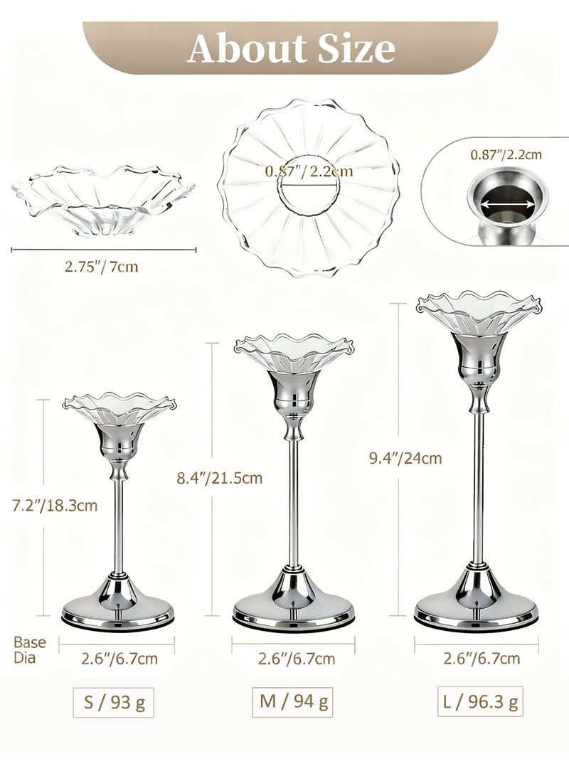 HomeNoor Elegant Premium Silver Candlestick Holders with Petal-Shaped Glass Wax Catchers, Set of 3 in Assorted Sizes, Anti-Drip Candle Stands for Table Centerpieces, Home Decor, Weddings, Parties and Festival Celebrations - Image 2