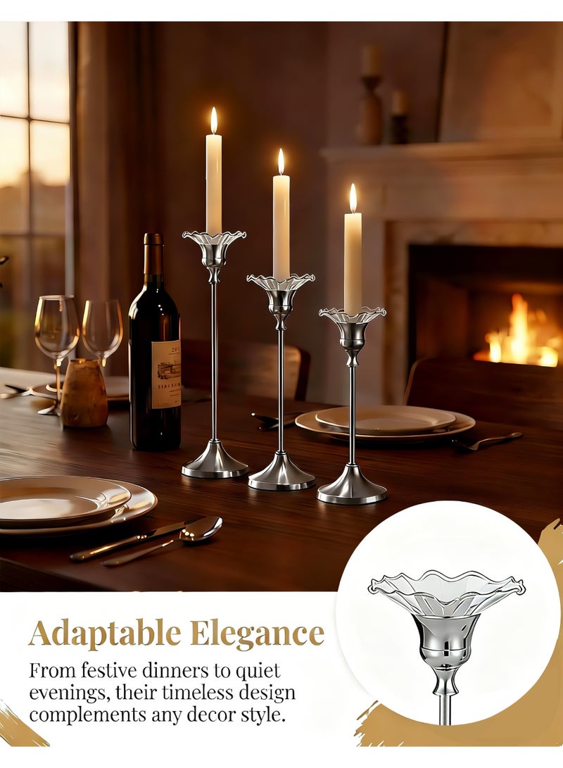HomeNoor Elegant Premium Silver Candlestick Holders with Petal-Shaped Glass Wax Catchers, Set of 3 in Assorted Sizes, Anti-Drip Candle Stands for Table Centerpieces, Home Decor, Weddings, Parties and Festival Celebrations - Image 3