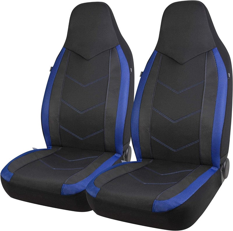 PIC AUTO High Back Front Car Seat Covers  Sports Carbon Fiber Mesh Design Universal Fit Airbag Compatible Blue