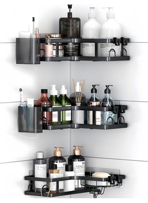 Corner Shower Caddy 5-Pack, 3-Tier Bathroom Shelf with 2 Hanging Boxes & 6 Removable Hooks, 22LB Heavy-Duty Bath Storage for Shower, Kitchen, Dorm, Black