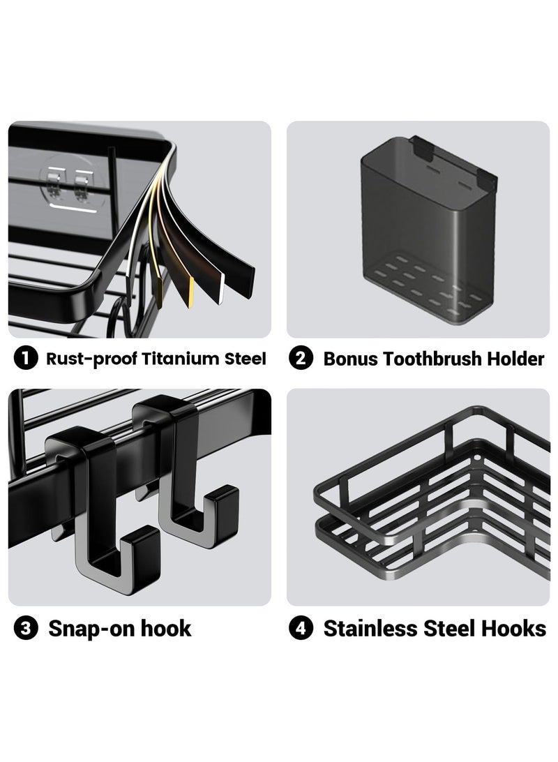 Corner Shower Caddy 5-Pack, 3-Tier Bathroom Shelf with 2 Hanging Boxes & 6 Removable Hooks, 22LB Heavy-Duty Bath Storage for Shower, Kitchen, Dorm, Black