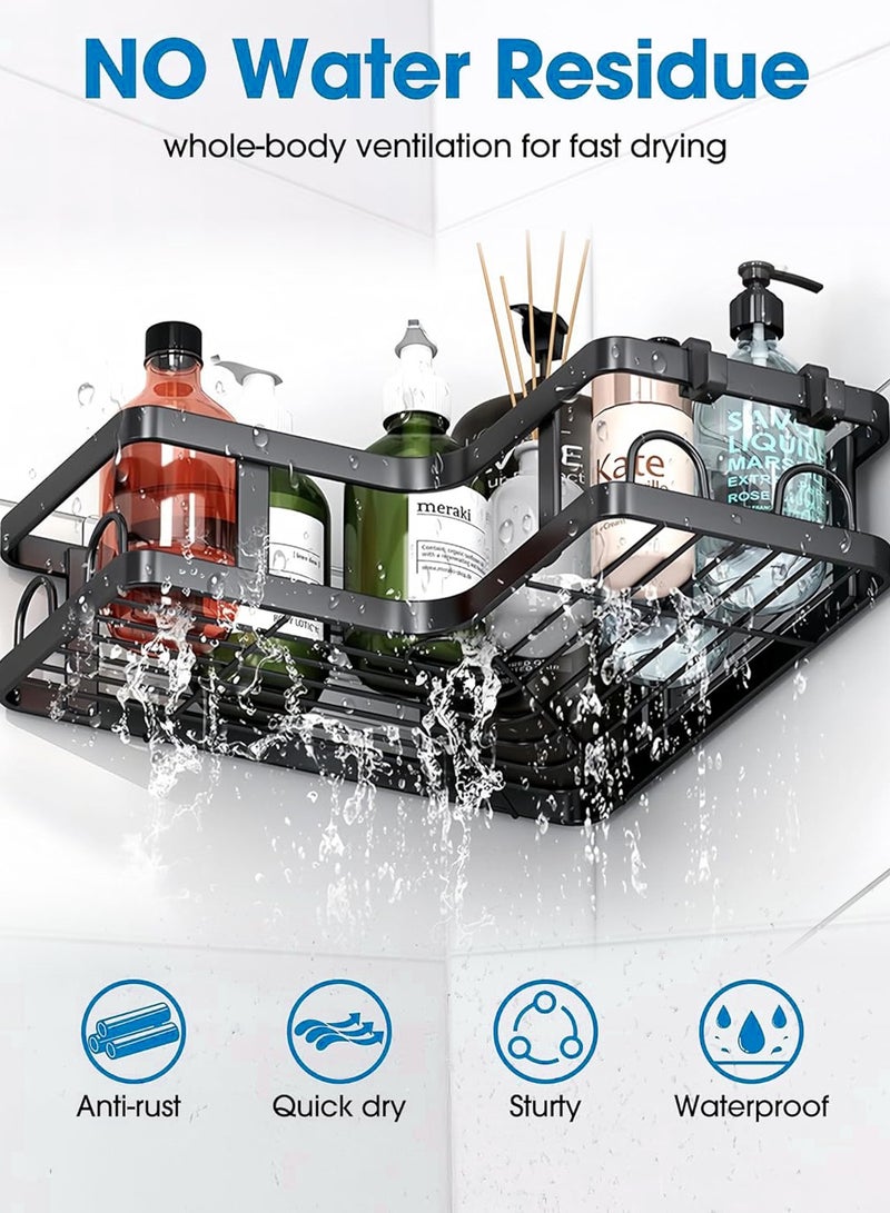 Corner Shower Caddy 5-Pack, 3-Tier Bathroom Shelf with 2 Hanging Boxes & 6 Removable Hooks, 22LB Heavy-Duty Bath Storage for Shower, Kitchen, Dorm, Black