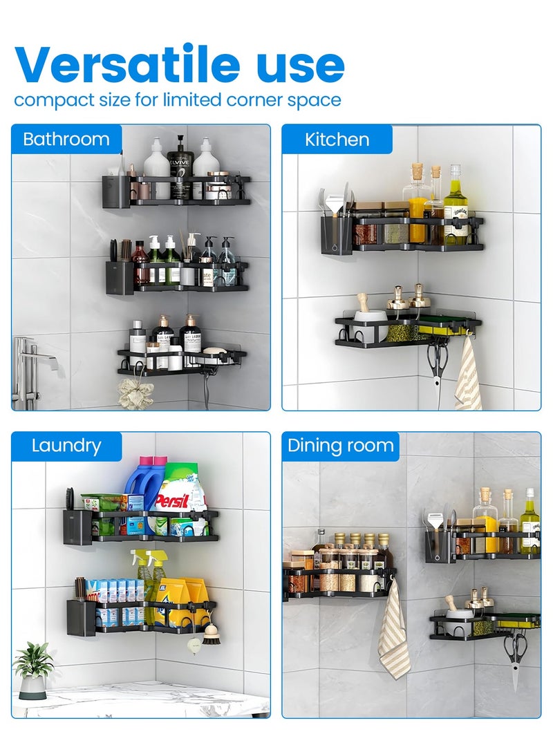 Corner Shower Caddy 5-Pack, 3-Tier Bathroom Shelf with 2 Hanging Boxes & 6 Removable Hooks, 22LB Heavy-Duty Bath Storage for Shower, Kitchen, Dorm, Black