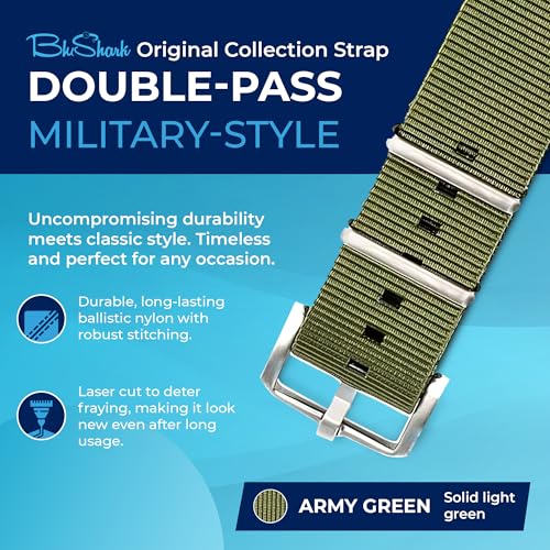 BluShark - Original Collection Military-Style Waterproof Watch Strap, Fits All Timepiece Brands, Durable Nylon Wristwatch Accessories with Stainless Steel Buckle, Army Green, 22mm - Image 2
