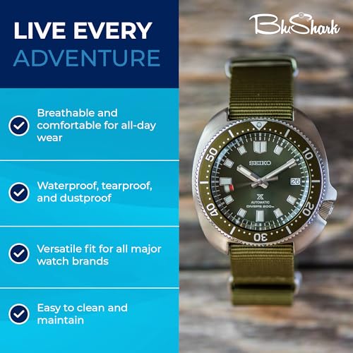 BluShark - Original Collection Military-Style Waterproof Watch Strap, Fits All Timepiece Brands, Durable Nylon Wristwatch Accessories with Stainless Steel Buckle, Army Green, 22mm - Image 4