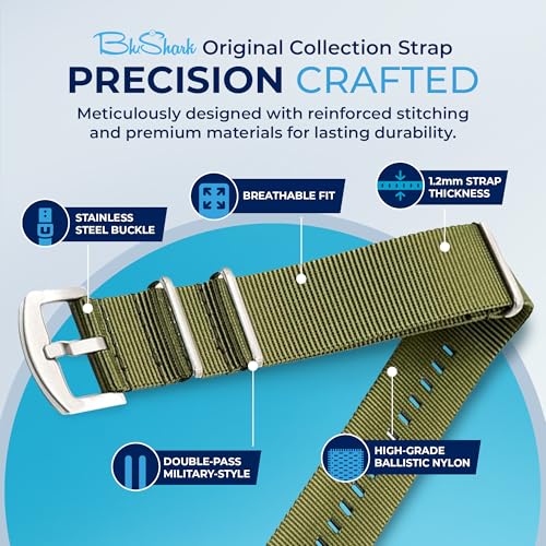 BluShark - Original Collection Military-Style Waterproof Watch Strap, Fits All Timepiece Brands, Durable Nylon Wristwatch Accessories with Stainless Steel Buckle, Army Green, 22mm - Image 3