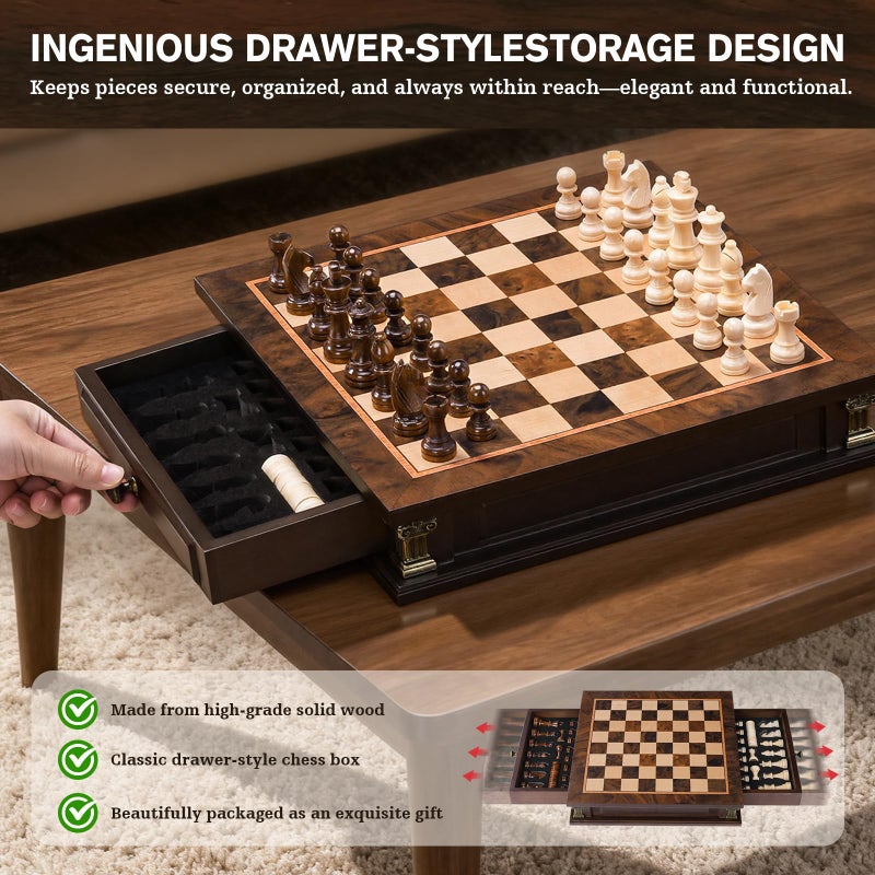Peradix Magnetic Chess Set with 2 Built-in Storage Drawers, 12 inch Wooden Strategy Board Games, 2 Extra Queens, Travel Magnet Chess Game for Adults, Kids and Family Game Night, Gift Package - Image 3