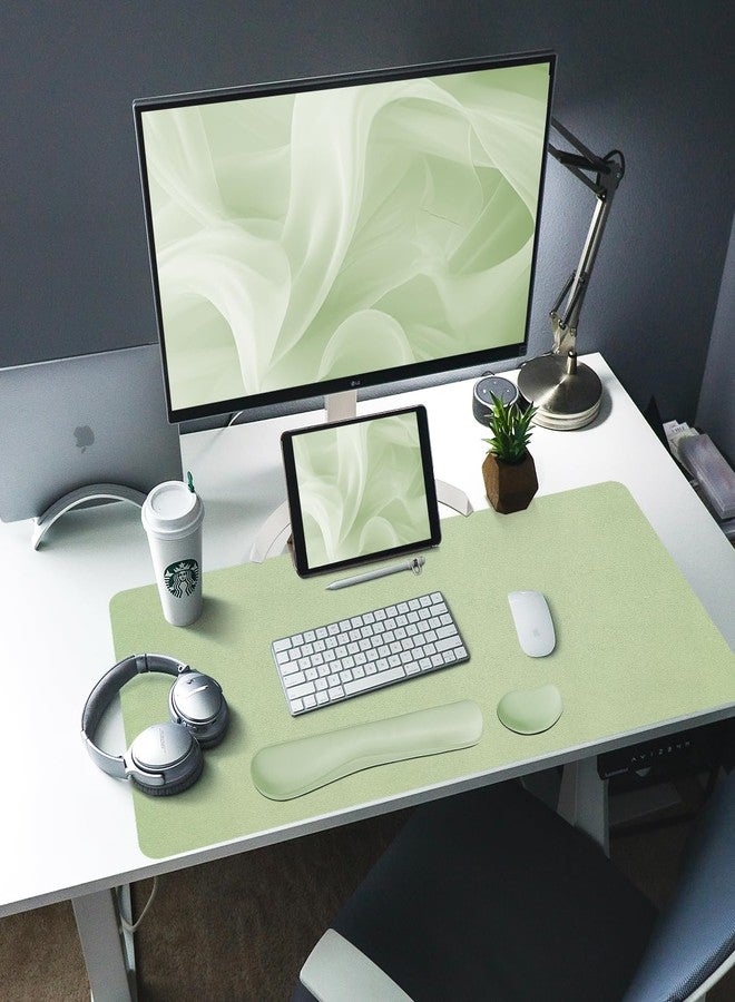 بلوس سجادة مكتب جلدية من بلوس مع مسند للمعصم، وسادة ماوس كبيرة + وسادة لوحة مفاتيح + مسند معصم للماوس، واقي سجادة مكتب مانع للانزلاق للمكتب والمنزل (31.5 × 15.7 بوصة، أخضر) - Image 2