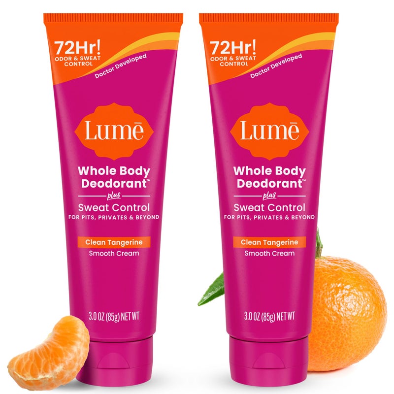 Lume Whole Body Deodorant Plus Sweat Control  Smooth Cream Tube  72 Hour Odor And Sweat Control  Baking Soda Free Skin Loving  30 ounce Pack of 2 Clean Tangerine