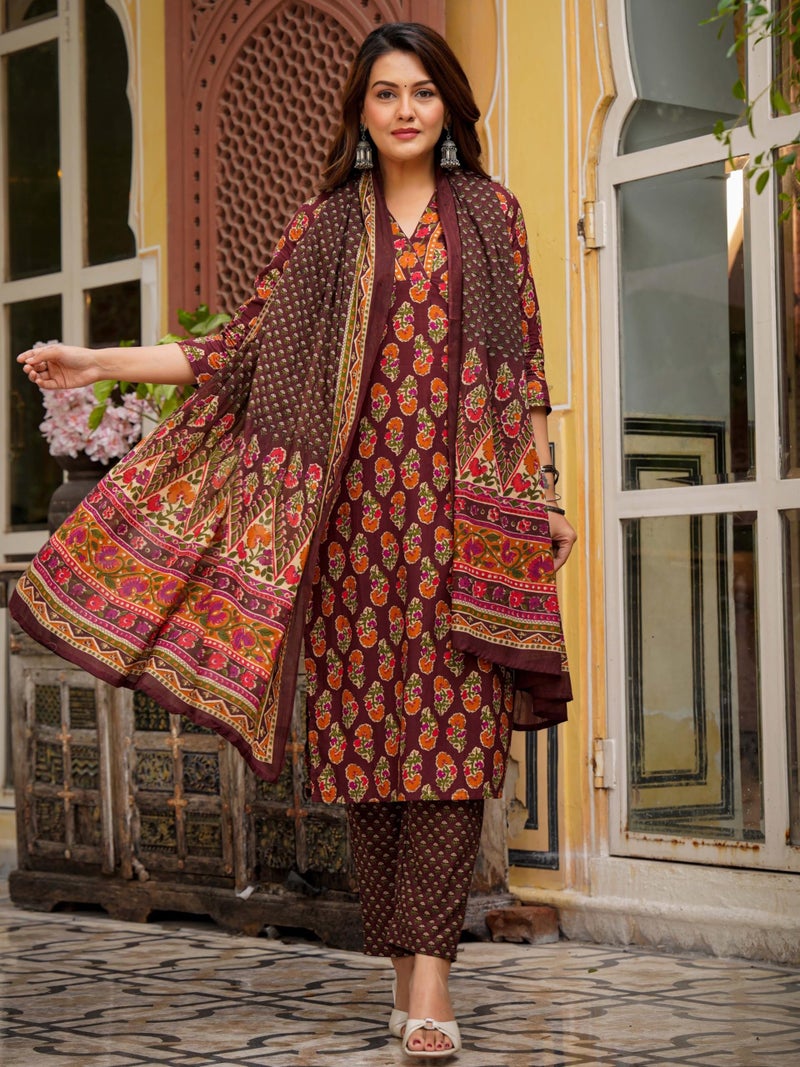 Arayna Women’s Cotton Printed Kurta Set with Pants & Dupatta – 3/4 Sleeve | Elegant Ethnic Wear, Maroon, Small - Image 3