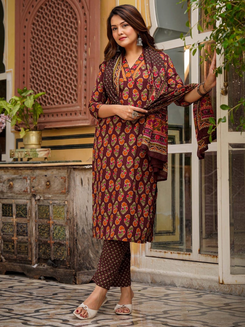 Arayna Women’s Cotton Printed Kurta Set with Pants & Dupatta – 3/4 Sleeve | Elegant Ethnic Wear, Maroon, Small - Image 2