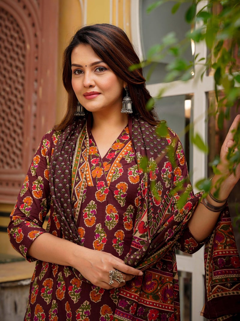 Arayna Women’s Cotton Printed Kurta Set with Pants & Dupatta – 3/4 Sleeve | Elegant Ethnic Wear, Maroon, Small - Image 5