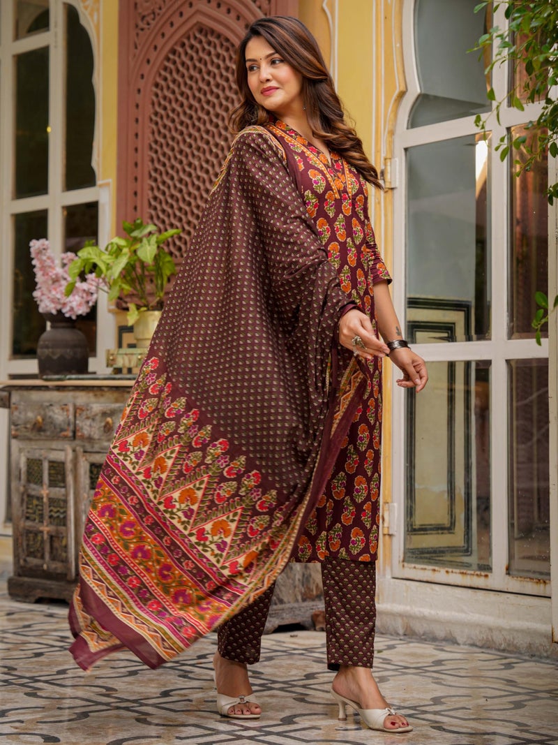 Arayna Women’s Cotton Printed Kurta Set with Pants & Dupatta – 3/4 Sleeve | Elegant Ethnic Wear, Maroon, Small - Image 4