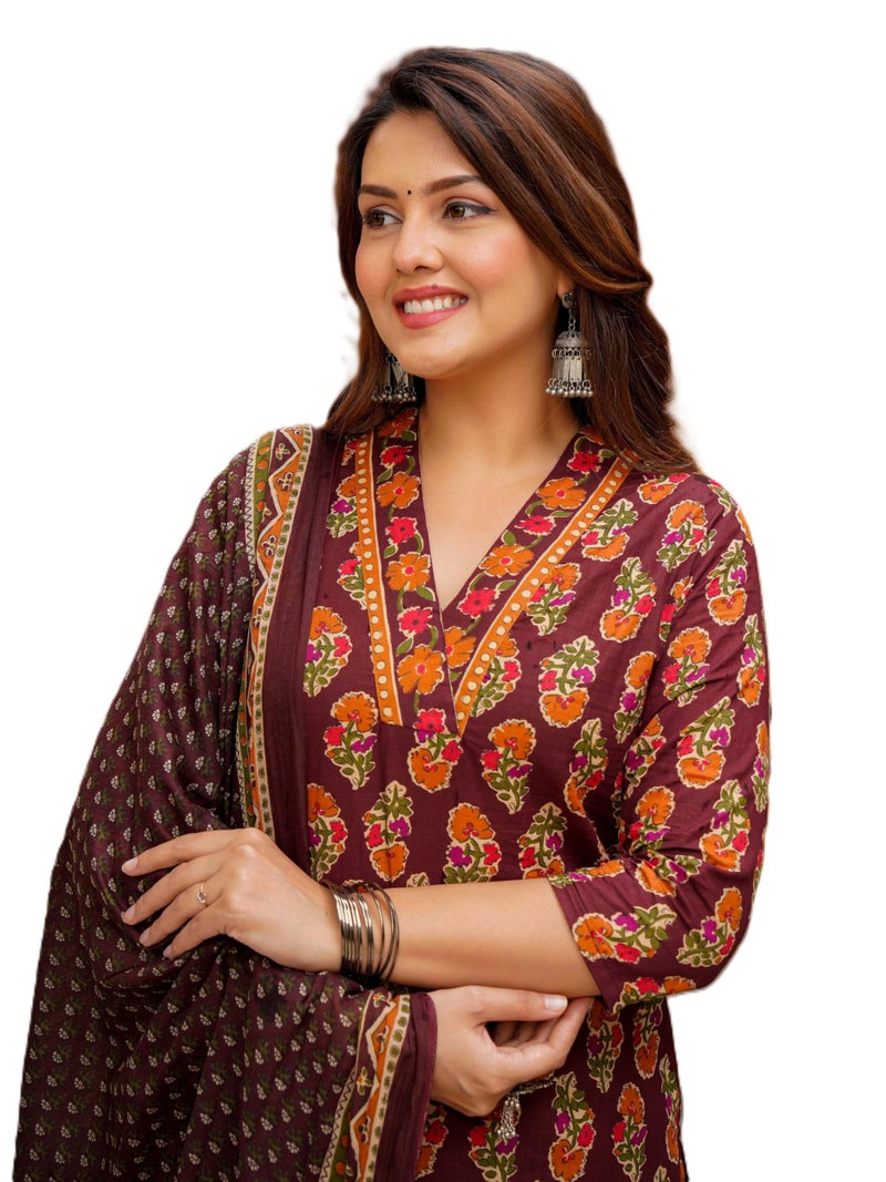 Arayna Women’s Cotton Printed Kurta Set with Pants & Dupatta – 3/4 Sleeve | Elegant Ethnic Wear, Maroon, Small - Image 1