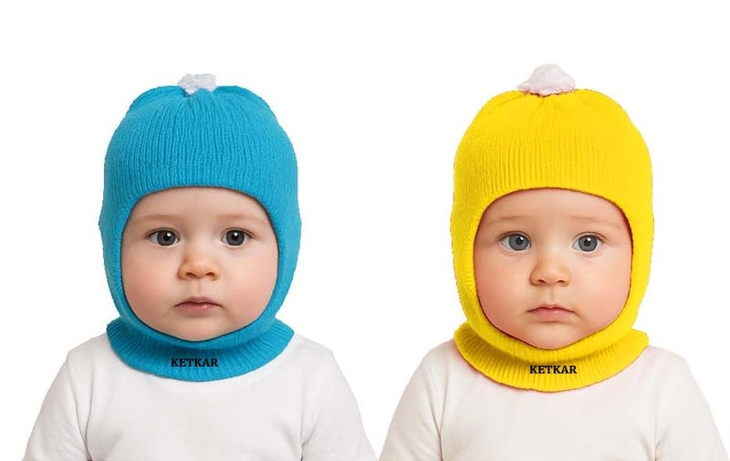 KETKAR Baby Boy's & Baby Girl's Soft Woolen Monkey Cap Pack of 2 (Blue & Yellow, 1-2 Years) - Image 1