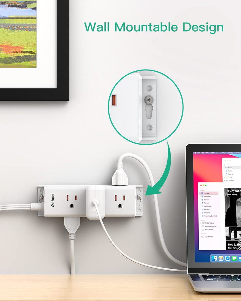 mifaso Surge Protector Power Strip - 9 Widely Spaced Multi Outlets, Wall Mount, 3 Side Outlet Extender with Extension Cord, Flat Plug, Overload Protection, Home Office Dorm Room Essentials (5FT, White) - Image 3