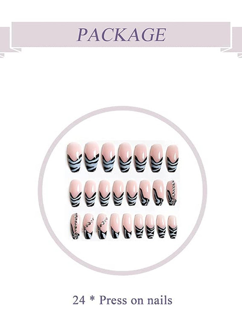 SYOSI - Rhinestone Press on Nails Zebra French False Nails Long Coffin Acrylic Nail Tips Shiny UV Gel Nails for Women and Girls 24PcsThe product does not contain glue - Image 1
