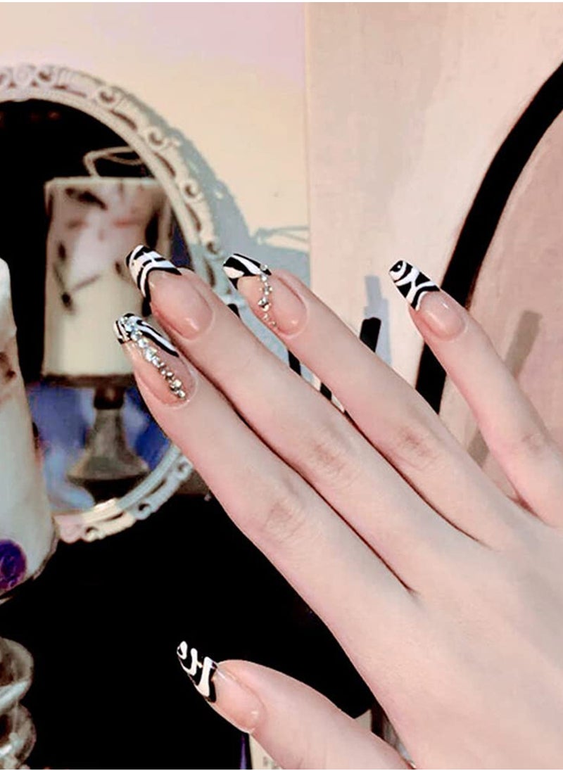 SYOSI - Rhinestone Press on Nails Zebra French False Nails Long Coffin Acrylic Nail Tips Shiny UV Gel Nails for Women and Girls 24PcsThe product does not contain glue - Image 1