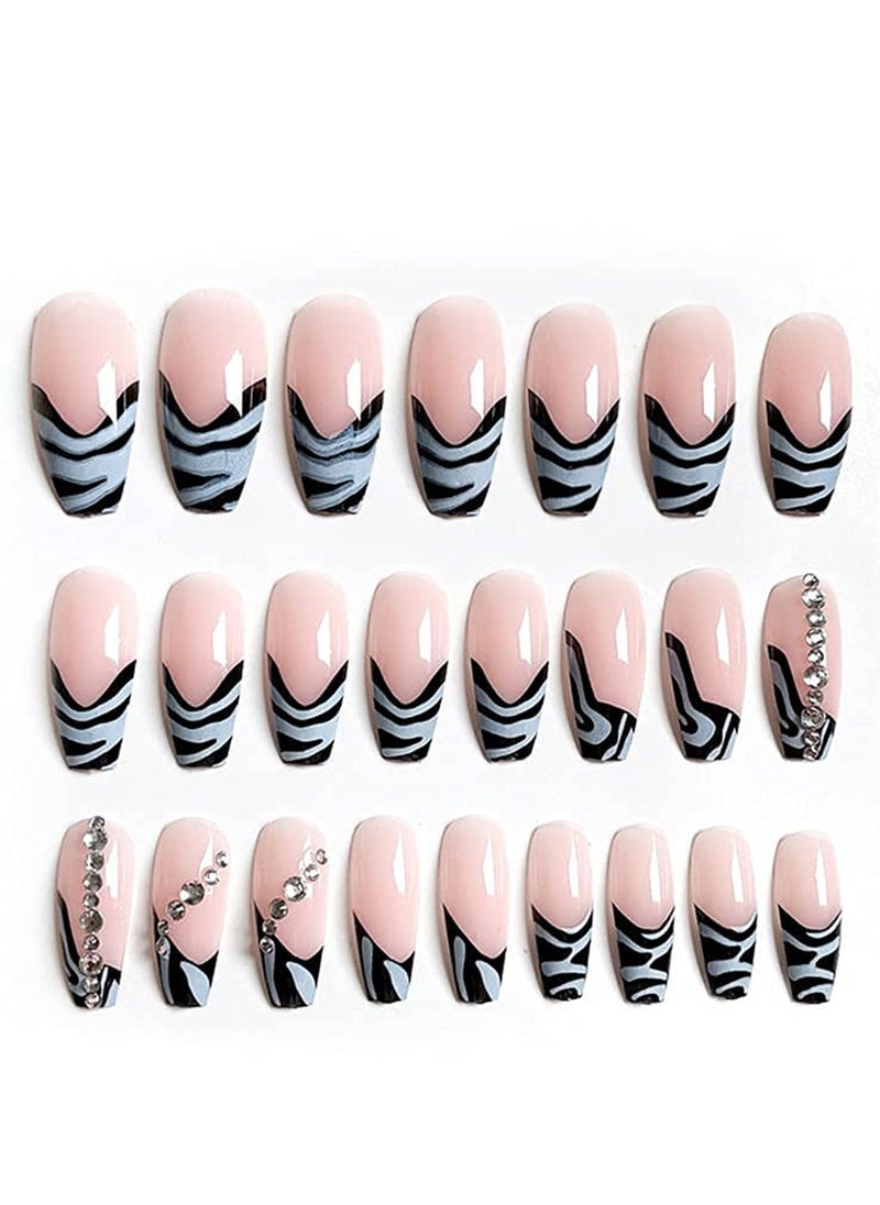 SYOSI - Rhinestone Press on Nails Zebra French False Nails Long Coffin Acrylic Nail Tips Shiny UV Gel Nails for Women and Girls 24PcsThe product does not contain glue - Image 1