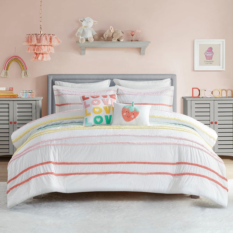 Intelligent Design Kids Twin Comforter Set, Cotton Comforter Set, Casual Fun Colors Chenille Stripes, All Seasons Fluffy Comforter Bed Set, 1 Sham, 2 Decor Pillows, Haisley, Twin, Pink Multi 4 Piece - Image 1