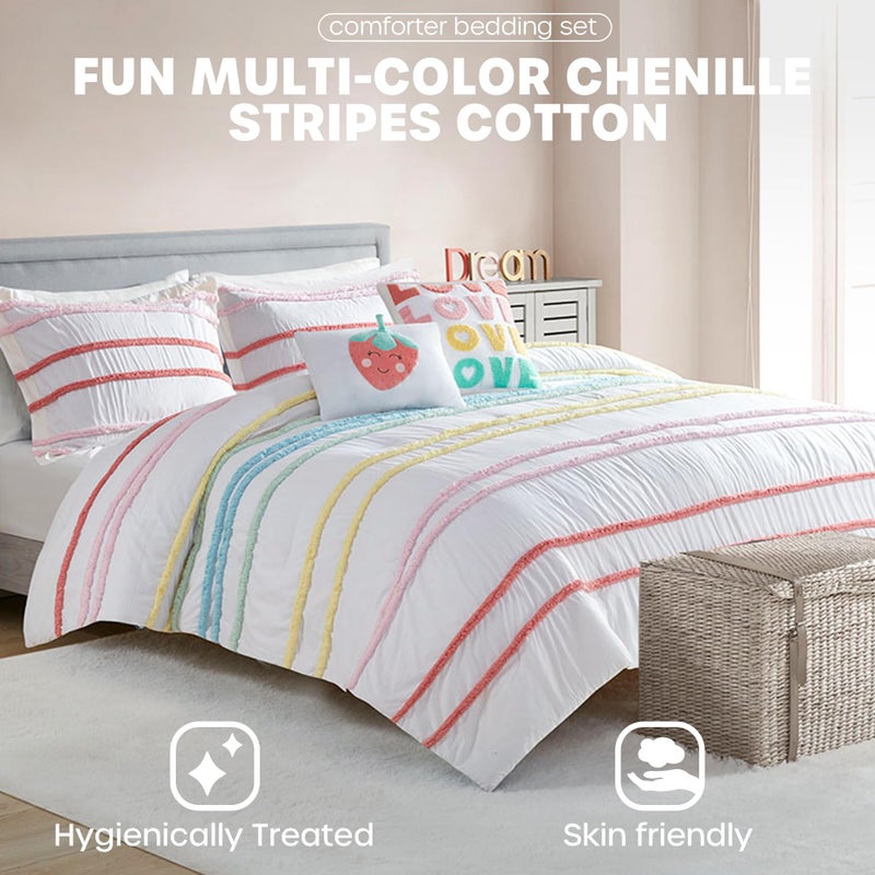 Intelligent Design Kids Twin Comforter Set, Cotton Comforter Set, Casual Fun Colors Chenille Stripes, All Seasons Fluffy Comforter Bed Set, 1 Sham, 2 Decor Pillows, Haisley, Twin, Pink Multi 4 Piece - Image 2