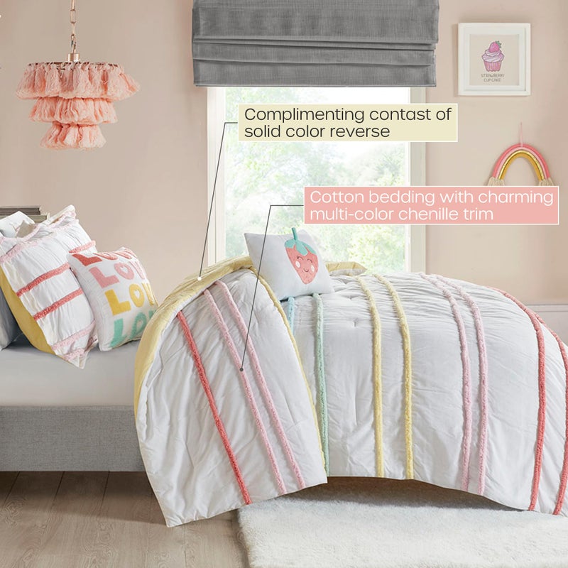 Intelligent Design Kids Twin Comforter Set, Cotton Comforter Set, Casual Fun Colors Chenille Stripes, All Seasons Fluffy Comforter Bed Set, 1 Sham, 2 Decor Pillows, Haisley, Twin, Pink Multi 4 Piece - Image 4