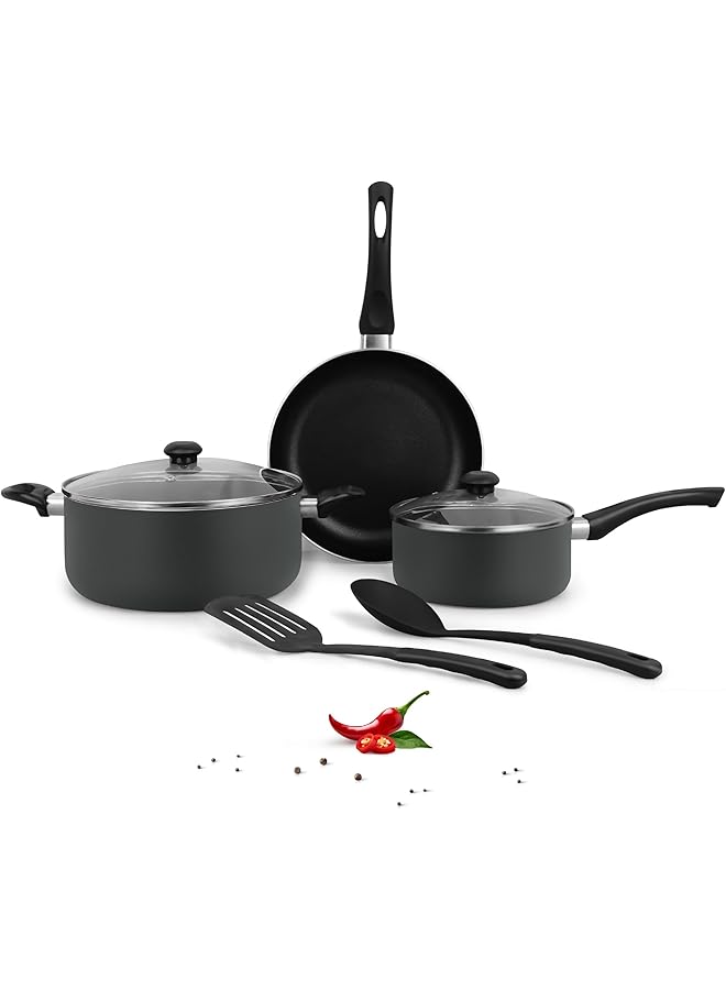 DELICI 7 Piece Aluminium Nonstick Cookware Set,10X Tougher Coating, Casserole With Lid(24Cm),Saucepan With Lid(18Cm),Tempered Glass Lids, Frypan(24Cm),2 Nylon Spatula, Compatible For All Surface Ncs7G - Image 1