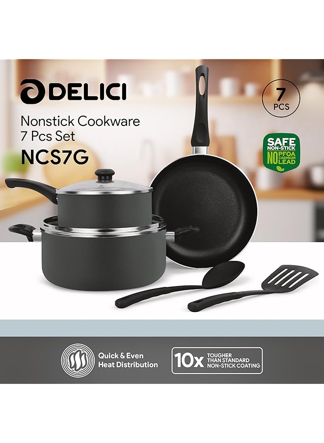 DELICI 7 Piece Aluminium Nonstick Cookware Set,10X Tougher Coating, Casserole With Lid(24Cm),Saucepan With Lid(18Cm),Tempered Glass Lids, Frypan(24Cm),2 Nylon Spatula, Compatible For All Surface Ncs7G - Image 2