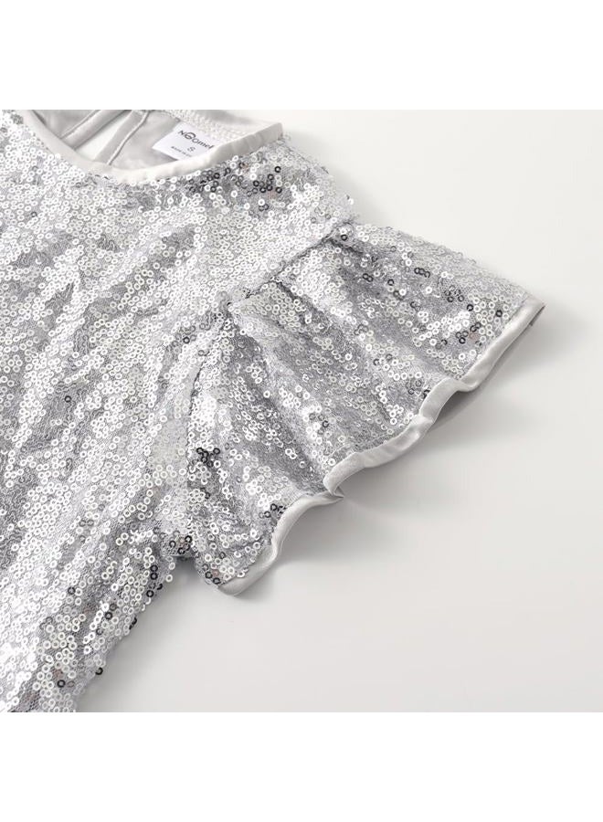 Noomelfish Girls Short Sleeve Sequin Shirts Party Glitter Sparkly Tops Blouse, Silver White, Size 11-12 Years - Image 4