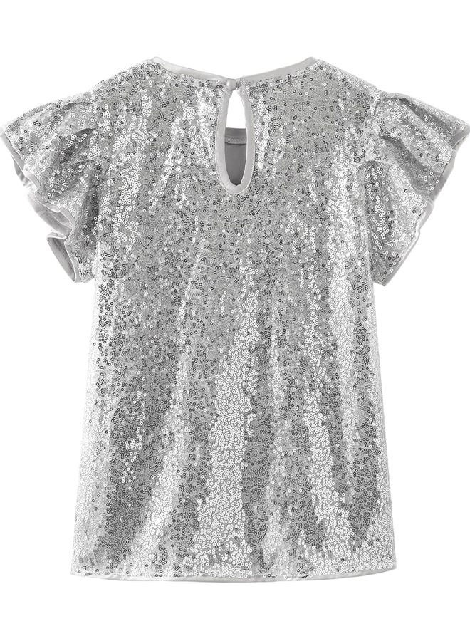 Noomelfish Girls Short Sleeve Sequin Shirts Party Glitter Sparkly Tops Blouse, Silver White, Size 11-12 Years - Image 2