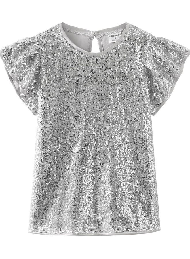 Noomelfish Girls Short Sleeve Sequin Shirts Party Glitter Sparkly Tops Blouse, Silver White, Size 11-12 Years - Image 1