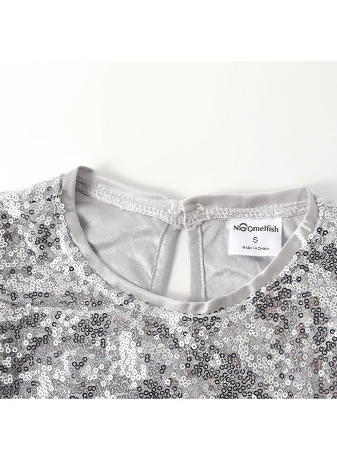 Noomelfish Girls Short Sleeve Sequin Shirts Party Glitter Sparkly Tops Blouse, Silver White, Size 11-12 Years - Image 5