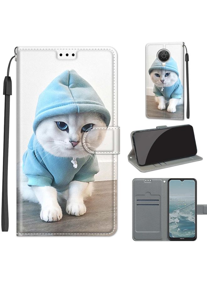 HuHa Case Cover For Voltage Coloured Drawing Magnetic Clasp Horizontal Flip PU Leather Case with Holder & Card Slots For Nokia G20 / G10 / 6.3(C15 Blue Sweater White Cat)