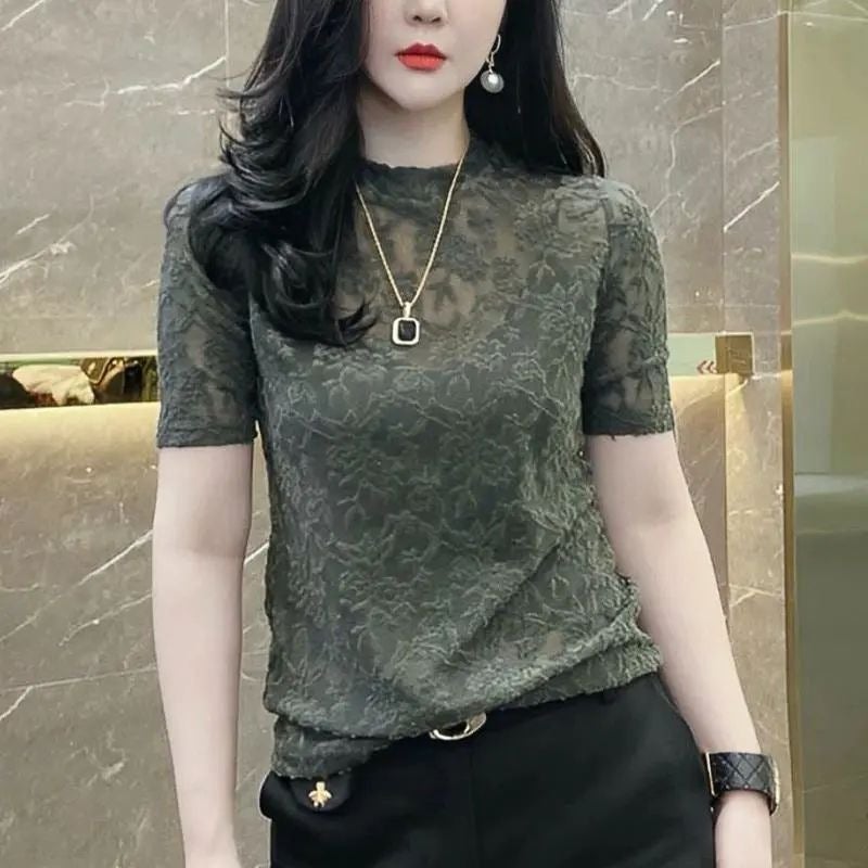 Dark Jacquard Slim T-Shirt Women'S Thin Korean Style New Western Style Short Sleeve Temperament Commuter Bottoming Shirt - Image 3