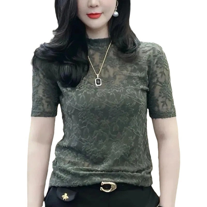 Dark Jacquard Slim T-Shirt Women'S Thin Korean Style New Western Style Short Sleeve Temperament Commuter Bottoming Shirt - Image 5