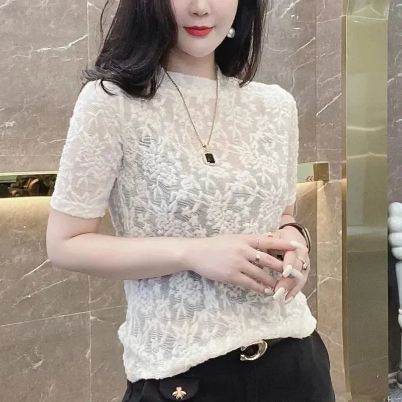 Dark Jacquard Slim T-Shirt Women'S Thin Korean Style New Western Style Short Sleeve Temperament Commuter Bottoming Shirt - Image 1