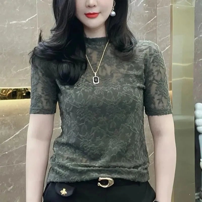 Dark Jacquard Slim T-Shirt Women'S Thin Korean Style New Western Style Short Sleeve Temperament Commuter Bottoming Shirt - Image 2