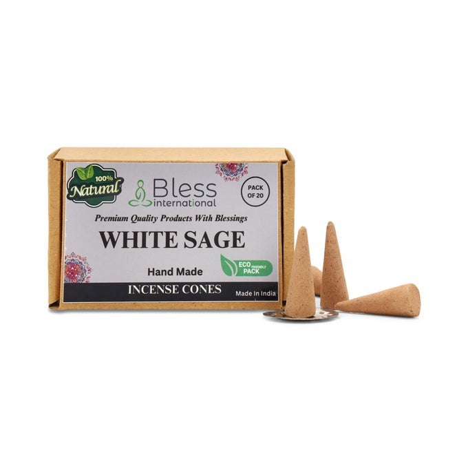 BLESSINTERNATIONAL WHITE SAGE 100NATURALINCENSECONES HANDMADEHANDDIPPED ORGANICCHEMICALSFREE FORPURIFICATIONRELAXATIONPOSITIVITYYOGAMEDITATION THEBESTSCENTS 20 COUNT