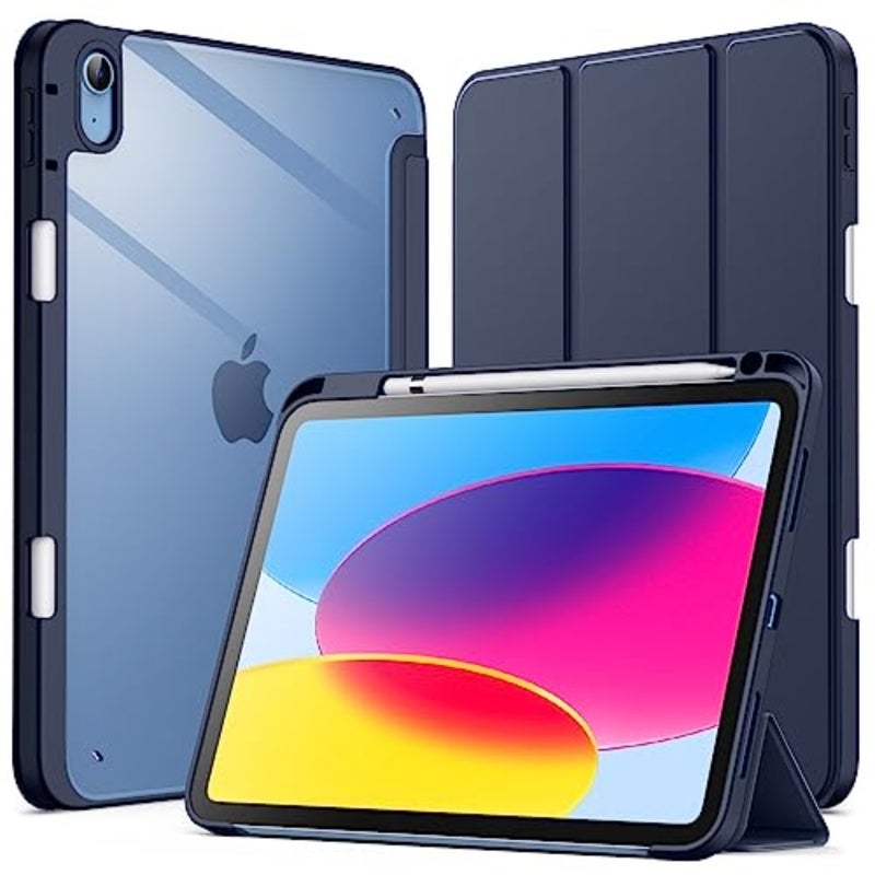 حافظة لجهاز iPad A16 الجيل الحادي عشر/العاشر (2025/2022) مع حامل أقلام، غطاء خلفي شفاف شفاف وغطاء نحيف مضاد للصدمات، استيقاظ/غفو تلقائي (أزرق داكن) - Image 1