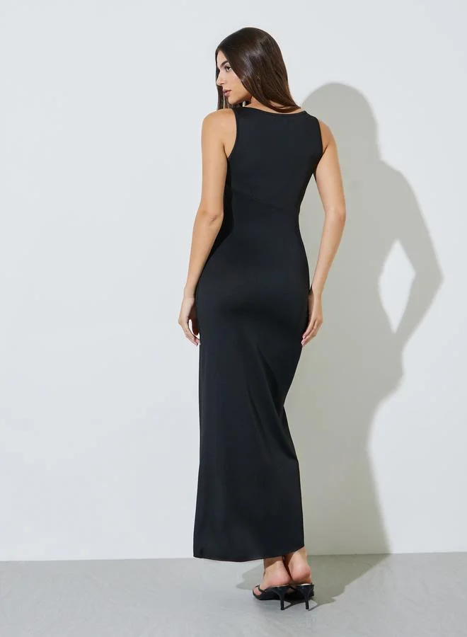 Styli black Black Sleeveless Side Embellishment Maxi Dress for Women | Best Price UAE