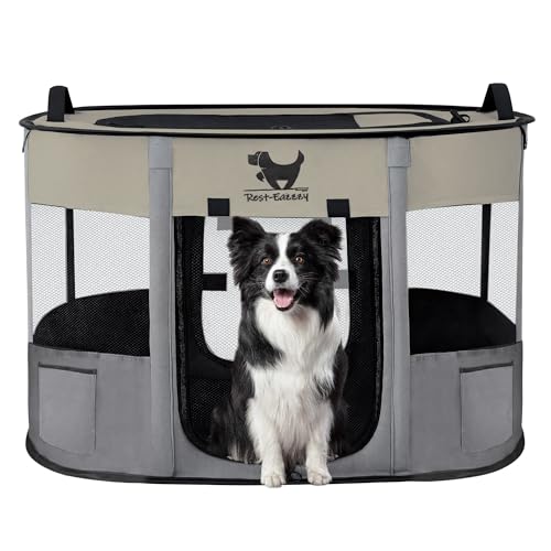 Rest-Eazzzy Dog Playpen, Foldable Kitten Playpen for Medium Dogs, Portable Pet Puppy Playpen with Removable Shade Cover, Indoor Outdoor Travel Camping Use for Small Pets with Carrying Case (M, Grey) - Image 1