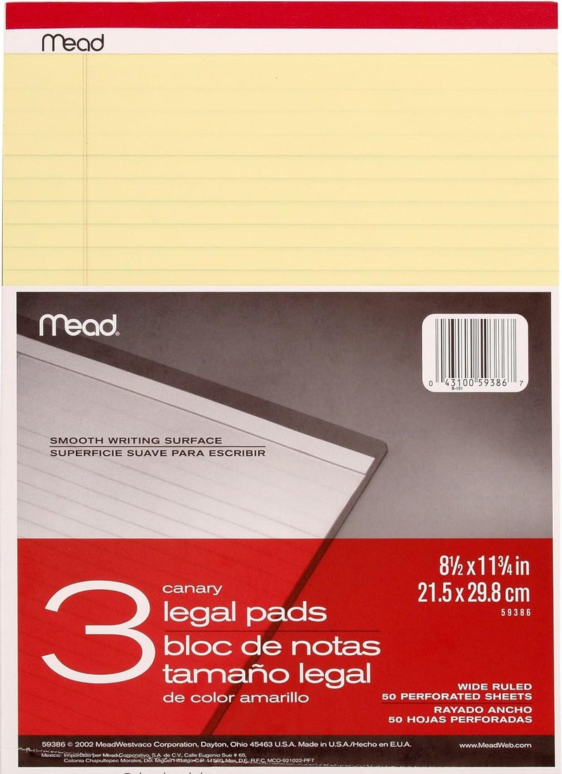 Mead Legal Pad Writing Pads, 3 Pack, Wide Ruled Paper, 8-1/2" x 11-3/4", 50 Sheets, Great for Use as Home Office Supplies, Memo Pads, Note Pads, or Steno Pads, Letter Writing, Canary Yellow (59386) - Image 3
