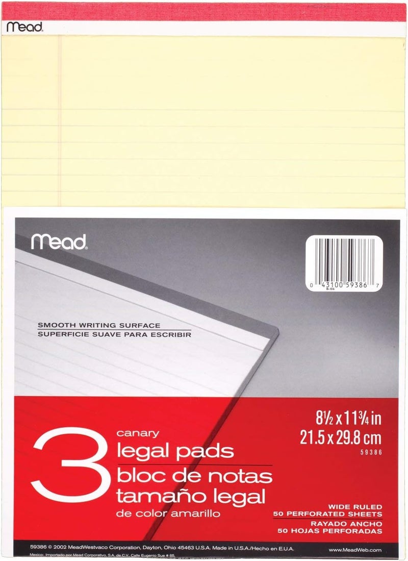 Mead Legal Pad Writing Pads, 3 Pack, Wide Ruled Paper, 8-1/2" x 11-3/4", 50 Sheets, Great for Use as Home Office Supplies, Memo Pads, Note Pads, or Steno Pads, Letter Writing, Canary Yellow (59386) - Image 1